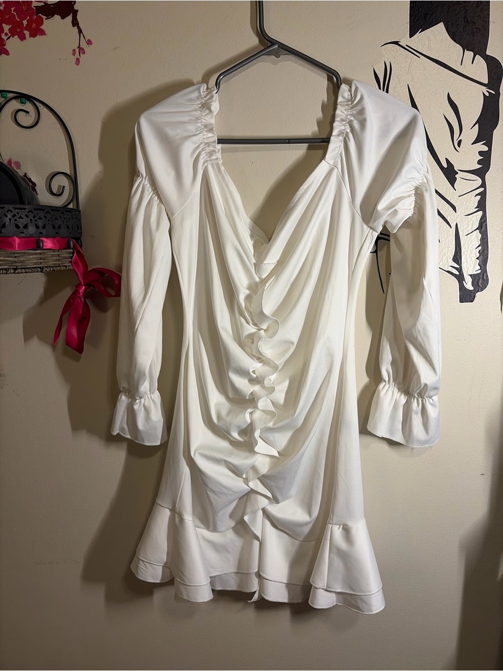 White Ruffled V-Neck Long Sleeve Mini Dress